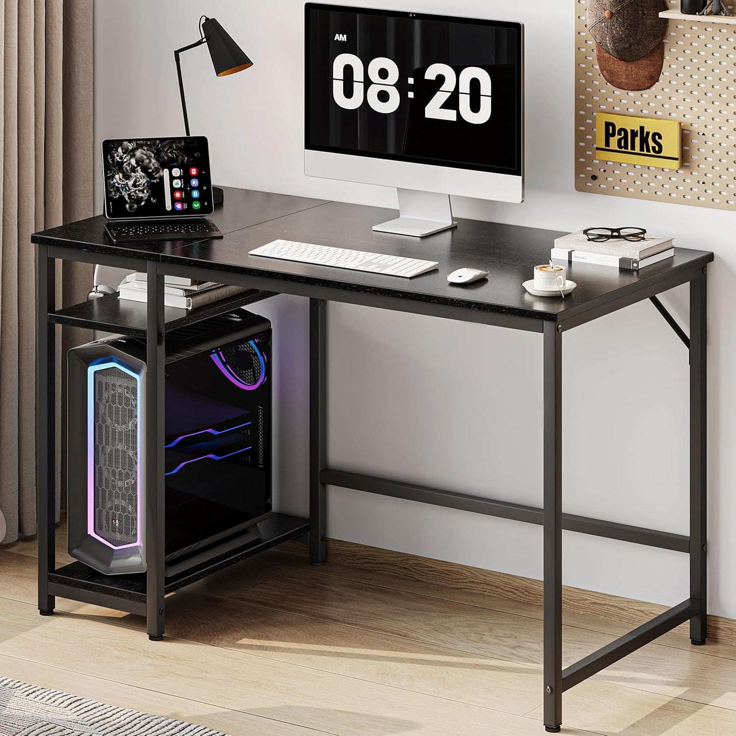 Home Office Gaming Desk with Wooden Storage Shelf,Computer Office Desk and Gaming Table with Splice Board,2-Tier Industrial Morden Laptop Study Writting Desk,48 X 24 Inches(Black)