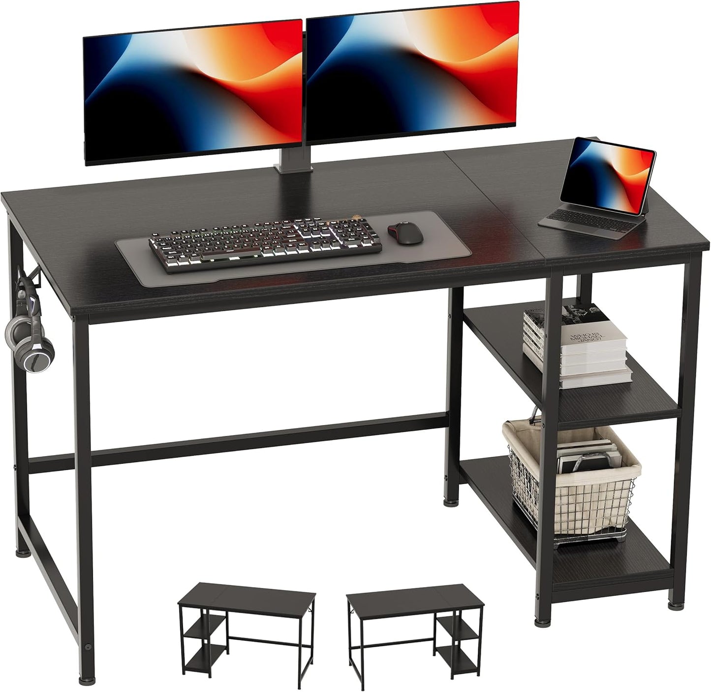 Home Office Gaming Desk with Wooden Storage Shelf,Computer Office Desk and Gaming Table with Splice Board,2-Tier Industrial Morden Laptop Study Writting Desk,48 X 24 Inches(Black)