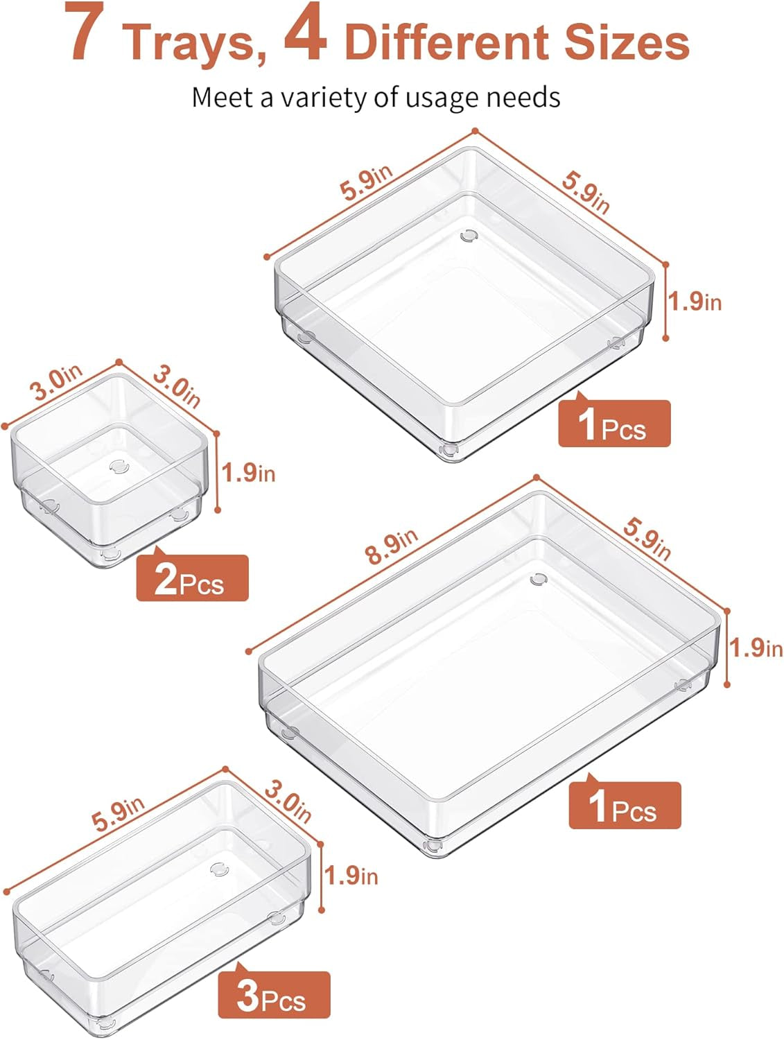 7-Piece Drawer Organizer with Non-Slip Silicone Pads, 4-Size Desk Drawer Organizer Trays Storage Tray for Makeup, Jewelries, Utensils in Bedroom Dresser, Office and Kitchen (Clear)