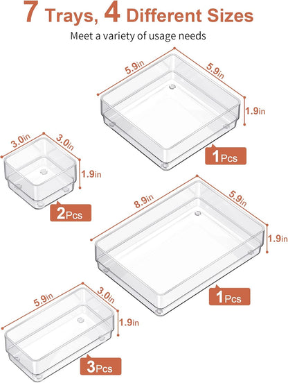 7-Piece Drawer Organizer with Non-Slip Silicone Pads, 4-Size Desk Drawer Organizer Trays Storage Tray for Makeup, Jewelries, Utensils in Bedroom Dresser, Office and Kitchen (Clear)