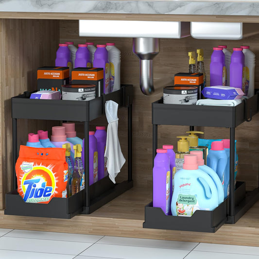 2 Pack under Sink Organizer, 2 Tier Bathroom Cabinet Organizer with Sliding Basket, Multi-Purpose under Sink Organizers and Storage for Bathroom Kitchen