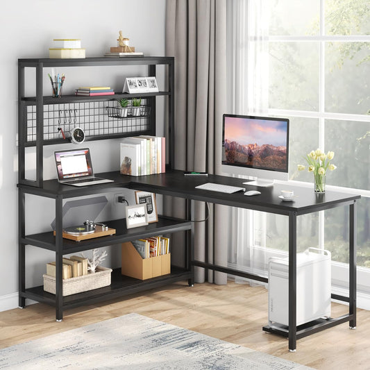 55" Large Computer Desk with Wireless Charging 5 Storage Shelves, Office Desk Study Table Writing Desk Workstation with Hutch Bookshelf for Home Office (All Black)