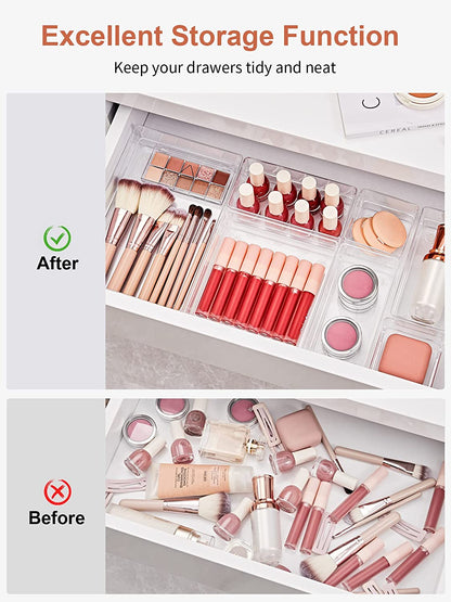 7-Piece Drawer Organizer with Non-Slip Silicone Pads, 4-Size Desk Drawer Organizer Trays Storage Tray for Makeup, Jewelries, Utensils in Bedroom Dresser, Office and Kitchen (Clear)
