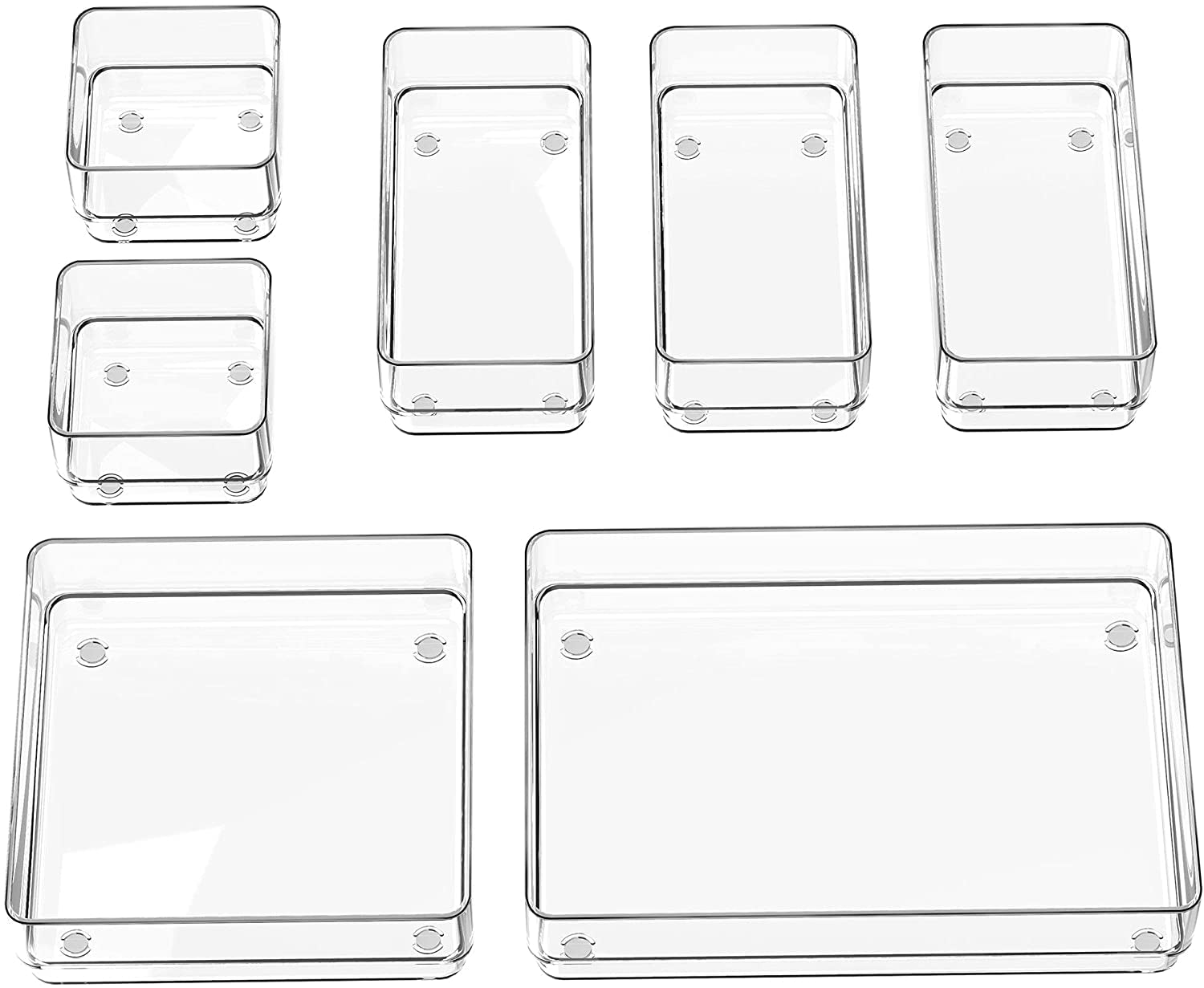 7-Piece Drawer Organizer with Non-Slip Silicone Pads, 4-Size Desk Drawer Organizer Trays Storage Tray for Makeup, Jewelries, Utensils in Bedroom Dresser, Office and Kitchen (Clear)