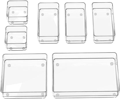 7-Piece Drawer Organizer with Non-Slip Silicone Pads, 4-Size Desk Drawer Organizer Trays Storage Tray for Makeup, Jewelries, Utensils in Bedroom Dresser, Office and Kitchen (Clear)