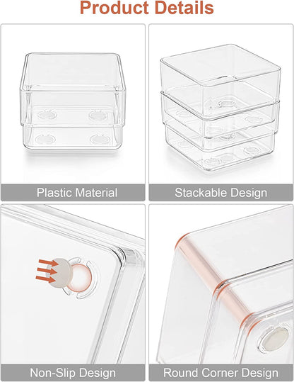 7-Piece Drawer Organizer with Non-Slip Silicone Pads, 4-Size Desk Drawer Organizer Trays Storage Tray for Makeup, Jewelries, Utensils in Bedroom Dresser, Office and Kitchen (Clear)