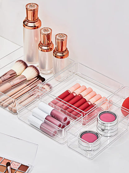 7-Piece Drawer Organizer with Non-Slip Silicone Pads, 4-Size Desk Drawer Organizer Trays Storage Tray for Makeup, Jewelries, Utensils in Bedroom Dresser, Office and Kitchen (Clear)